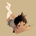  1boy artist_name barefoot black_hair brown_eyes looking_at_viewer lying male_focus noeyebrow_(mauve) on_stomach original short_hair shorts simple_background solo star 