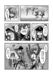  2girls :d ^_^ closed_eyes comic commentary_request fang female_admiral_(kantai_collection) folded_ponytail hair_ornament hairclip hat ikazuchi_(kantai_collection) inazuma_(kantai_collection) kantai_collection long_hair meitoro monochrome multiple_girls neckerchief open_mouth peaked_cap pleated_skirt school_uniform serafuku short_hair skirt smile translation_request 