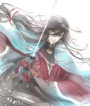  1boy black_hair blue_eyes braid haori izumi-no-kami_kanesada japanese_clothes katana long_hair minai petals solo sword touken_ranbu weapon 