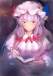  1girl book bow capelet crescent hair_bow hair_ornament hat hat_bow jpeg_artifacts large_breasts long_hair long_sleeves matsuda_(matsukichi) mob_cap patchouli_knowledge purple_hair reading red_eyes smile solo striped touhou 