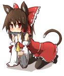  1girl all_fours animal_ears bare_shoulders bow brown_eyes brown_hair cat_ears cat_tail detached_sleeves fish food food_in_mouth hair_bow hair_tubes hakurei_reimu kumo_(atm) long_hair simple_background solo tail touhou white_background wide_sleeves 