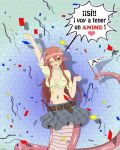  1girl announcement_celebration breasts chaz_fedi cleavage confetti cowboy_shot fangs hair_ornament hairclip highres lamia long_hair miia_(monster_musume) monster_girl monster_musume_no_iru_nichijou navel one_eye_closed pennant pointy_ears redhead scales shadow signature slit_pupils snake_tail solo spanish tail tail_hold tied_shirt very_long_hair yellow_eyes 