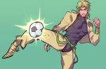  1boy ball blonde_hair dio_brando jacket jojo_no_kimyou_na_bouken kicking magatsumagic soccer_ball solo yellow_jacket 