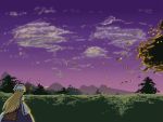  1girl bush clouds dress evening hat hat_ribbon long_hair long_sleeves looking_afar mob_cap mountain petals purple_sky ribbon scenery silhouette solo tabard touhou tree twilight uso_usagi very_long_hair white_dress wide_sleeves wind yakumo_yukari 