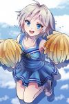  1girl 81_(mellowry) anastasia_(idolmaster) blue_eyes blush breasts cheerleader earrings idolmaster idolmaster_cinderella_girls jewelry looking_at_viewer open_mouth pom_poms short_hair silver_hair skirt smile solo sweat 