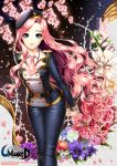  1girl arms_behind_back black_joa blue_eyes butterfly cherry_blossoms flower hat highres leaning_forward long_hair looking_at_viewer lotus makeup military military_uniform mole mole_under_eye original parted_lips pink_hair rose smile solo taut_clothes uniform unleashed wavy_hair 