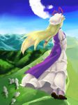  1girl 1tori armband blonde_hair blue_sky bow breasts brown_shoes clouds dress from_behind from_side grass hair_bow hat hat_ribbon hill horizon looking_afar mob_cap mountain nature peaceful ribbon rock shoes sky socks solo standing tabard touhou white_dress wind yakumo_yukari 