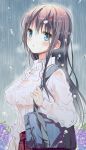  1girl bag black_hair blue_eyes breasts hair_ornament hairclip highres long_hair looking_at_viewer march-bunny original parted_lips rain school_uniform solo wet wet_clothes 
