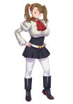  1girl ascot blouse boots breasts brown_eyes brown_hair gundam gundam_build_fighters gundam_build_fighters_try hair_ornament hands_on_hips highres huge_breasts long_hair long_sleeves pantyhose sazaki_kaoruko shoumaru_(gadget_box) skirt smile twintails white_legwear 