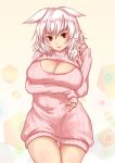  1girl animal_ears bottomless breast_hold breasts cleavage cleavage_cutout highres huge_breasts inubashiri_momiji looking_at_viewer open-chest_sweater open_mouth red_eyes short_hair silver_hair sironyan-kuronyan solo sweater touhou wolf_ears 