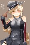  1girl bare_shoulders bismarck_(kantai_collection) bismarck_(kantai_collection)_(cosplay) blush braid breasts brown_gloves cosplay elbow_gloves gloves hat kantai_collection long_hair looking_at_viewer meth_(emethmeth) single_braid smile solo unryuu_(kantai_collection) yellow_eyes 
