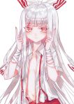  1girl bandages bow expressionless fujiwara_no_mokou hair_bow hair_ornament long_hair looking_at_viewer navel open_clothes open_shirt pants pokan_(xz1128) red_eyes shirt short_sleeves simple_background solo touhou upper_body white_background white_hair 