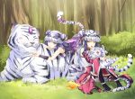  2girls bracelet chinese_clothes double_bun dual_persona hair_ornament haku_(p&amp;d) headdress highres jewelry long_hair m_musume multicolored_hair multiple_girls open_mouth pentagram purple_hair puzzle_&amp;_dragons silver_hair tail thigh-highs tiger tiger_tail two-tone_hair violet_eyes yellow_eyes 