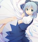  1girl bed blue_eyes blue_hair bow cirno dress hair_bow ice ice_wings open_mouth ribbon short_hair smile solo tama_(soon32281) touhou wings 