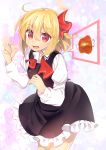  1girl absurdres ahoge blonde_hair boned_meat fang food hair_ribbon highres juliet_sleeves long_sleeves looking_at_viewer loose_necktie meat necktie niwashi_(yuyu) open_mouth puffy_sleeves red_eyes ribbon rumia shirt skirt skirt_set smile solo speech_bubble touhou vest 