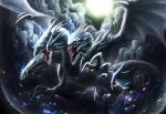  blue-eyes_ultimate_dragon claws clouds dragon duel_monster electricity flying full_moon highres moon multiple_heads no_humans open_mouth sharp_teeth van_ken003 yuu-gi-ou 