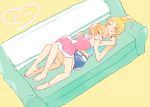  &gt;_&lt; 2girls :d ayase_eli barefoot blonde_hair blush bow couch denim denim_shorts dress feet_together hoshizora_rin hug kyokutsuki long_hair love_live!_school_idol_project lying multiple_girls open_mouth orange_hair polka_dot polka_dot_background short_hair shorts smile yuri 