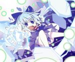  1girl akaneya blue_dress blue_eyes blue_hair bow cirno danmaku dress hair_bow ice ice_block ice_wings open_mouth outstretched_arms puffy_short_sleeves puffy_sleeves shirt short_sleeves silver_hair smile solo touhou wings 