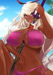  between_breasts bikini blonde_hair breasts dark_skin highres huge_breasts itou_ittousai_(sengoku_bushouki_muramasa) katana long_hair looking_at_viewer pink_eyes sengoku_bushouki_muramasa side-tie_bikini smile souren swimsuit sword weapon 