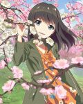  1girl blue_eyes brown_hair cherry_blossoms long_hair looking_at_viewer official_art open_mouth shimada_mayu smile solo spring_(season) tree_branch wake_up_girls! wake_up_girls!_stage_no_tenshi wind 