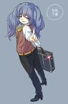  1girl blue_background blue_eyes blue_hair blush briefcase chiwa_(wakamukuroko) full_body heterochromia high_heels highres long_hair looking_back open_mouth pants red_eyes simple_background solo standing tokyo_ghoul tokyo_ghoul:re twintails yonebayashi_saiko 