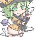  1girl bdsm blush bondage bottomless eyeball green_eyes green_hair hat heart heart-shaped_pupils komeiji_koishi kureha_mitsushige short_hair smile socks solo symbol-shaped_pupils third_eye touhou 