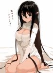  1girl barefoot bed_sheet black_eyes black_hair blush breasts cleavage elf long_hair naked_sweater nauribon open-chest_sweater pointy_ears ribbed_sweater simple_background sitting solo sweater v_arms wariza 