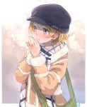  1girl bag breath breathing_on_hands coat fur_trim handbag hands_clasped hat highres jugatukumao koizumi_hanayo light_brown_hair love_live!_school_idol_project scarf solo violet_eyes 