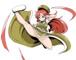  1girl afolo blue_eyes chinese_clothes hat hong_meiling kicking long_hair panties redhead simple_background solo star touhou underwear white_background 