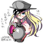  &gt;:&lt; 1girl bare_shoulders between_breasts bismarck_(kantai_collection) blonde_hair blue_eyes breasts chocolate chocolate_heart gloves hat heart kantai_collection large_breasts long_hair peaked_cap solo translation_request twitter_username valentine yuki_no_iori 