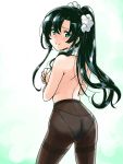  1girl back black_hair covering covering_breasts green_eyes ishiyumi long_hair looking_back panties panties_under_pantyhose pantyhose ponytail puzzle_&amp;_dragons smile solo topless underwear verdandi_(p&amp;d) 