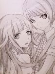  2girls :o dangan_ronpa ears freckles frown koizumi_mahiru long_hair looking_at_viewer monochrome multiple_girls necktie open_mouth short_hair super_dangan_ronpa_2 tsumiki_mikan turuun1123 