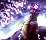  1girl cherry_blossoms flower hair_flower hair_ornament hieda_no_akyuu japanese_clothes kimono looking_back moura_(kenyuugetu) petals purple_hair solo touhou violet_eyes wide_sleeves 