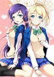  2girls ayase_eli blonde_hair blue_eyes bow breasts green_eyes highres long_hair love_live!_school_idol_project multiple_girls open_mouth ponytail purple_hair school_uniform skirt smile sousouman thigh-highs toujou_nozomi twintails 