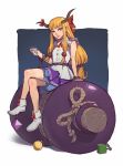  1girl ankle_boots blonde_hair boots bow chain crossed_legs cuffs gourd hair_bow highres horns ibuki_suika long_hair low-tied_long_hair multiple_girls oversized_object red_eyes sakazuki shackles sitting skirt sleeveless small_breasts solo tim_loechner touhou twintails 