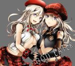  2girls :d alisa_ilinichina_amiella bare_shoulders beret black_gloves blue_eyes breast_press breasts cabbie_hat cleavage copyright_name elbow_gloves fingerless_gloves gloves god_eater god_eater_2:_rage_burst god_eater_burst grey_background hat holding_hands interlocked_fingers kooma long_hair looking_at_viewer multiple_girls open_mouth plaid plaid_skirt skirt smile suspenders time_paradox vest 