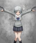  1girl blue_eyes bound_wrists chain chained corpse_party corpse_party_2 itou_ayame outstretched_arms restrained school_uniform short_hair silver_hair skirt spread_arms translated trembling 