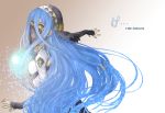  1girl blue_hair dancer detached_sleeves fingerless_gloves fire_emblem fire_emblem_if gloves glowing hair_between_eyes hairband jewelry long_hair necklace solo techitoni veil very_long_hair yellow_eyes 