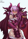  1girl 2015 blue_background blush claws collar cowboy_shot dated demon_girl demon_horns demon_wings detached_collar extra_mouth horns jabberwock_(monster_girl_encyclopedia) long_hair lutherniel monster_girl_encyclopedia navel purple_hair red_eyes simple_background solo thigh-highs tongue tongue_out wings 
