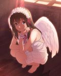  1girl angel_wings bare_shoulders barefoot blue_eyes brown_hair chin_rest dress feathered_wings long_hair looking_at_viewer maid_headdress official_art ribbon shimada_mayu smile solo squatting wake_up_girls! wake_up_girls!_stage_no_tenshi white_dress wings wooden_floor 