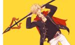  1boy blonde_hair blue_eyes cape collarbone final_fantasy final_fantasy_type-0 hair_over_one_eye nine_(fft-0) open_clothes open_mouth polearm scar school_uniform simple_background solo spear weapon yellow_background 