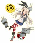  1girl :3 anchor_hair_ornament blonde_hair elbow_gloves gloves hair_ornament hair_ribbon innertube kantai_collection long_hair looking_at_viewer machinery microskirt midriff mound_of_venus navel open_mouth panties rensouhou-chan ribbon shimakaze_(kantai_collection) skirt solo striped striped_legwear thigh-highs triangle_mouth turret u-ka_(pixiv5407) underwear yellow_eyes 