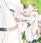  1girl breasts c.c. code_geass creayus green_hair long_hair looking_at_viewer lowres simple_background smile solo white_background yellow_eyes 