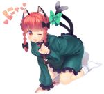  1girl all_fours animal_ears bow braid cat_ears cat_tail dress green_dress hair_bow highres juliet_sleeves kaenbyou_rin long_sleeves multiple_tails nekomata niwashi_(yuyu) one_eye_closed open_mouth paw_pose puffy_sleeves red_eyes redhead smile solo tail touhou twin_braids 