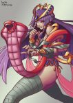  1girl 2014 dated earrings fighting_stance jewelry long_hair lutherniel monster_girl_encyclopedia payot pharaoh_(monster_girl_encyclopedia) purple_hair red_eyes signature snake solo thigh-highs very_long_hair 