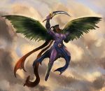  1boy angel angel_of_zera angel_wings clouds duel_monster faux_traditional_media flying gauntlets greaves helmet rk925 short_sword spread_wings sword weapon wings yuu-gi-ou 