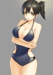  1girl black_hair blue_swimsuit breast_hold breasts cleavage crossed_arms kaga_(kantai_collection) kantai_collection large_breasts one-piece_swimsuit ponytail seramikku solo swimsuit yellow_eyes 