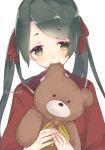  1girl biting black_hair green_eyes kantai_collection long_hair mikuma_(kantai_collection) sakofu stuffed_animal stuffed_toy teddy_bear twintails uniform 