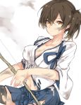  1girl bow_(weapon) breasts brown_hair cleavage kaga_(kantai_collection) kantai_collection mope navel short_hair side_ponytail solo torn_clothes weapon yellow_eyes 