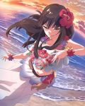  1girl beach blush brown_eyes brown_hair dutch_angle evening flower long_hair long_skirt looking_at_viewer nanase_yoshino official_art seductive_smile skirt solo wake_up_girls! wake_up_girls!_stage_no_tenshi water waves wind wreath 